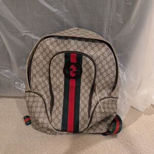 Gucci Monogram Backpack with Red and Green Stripes